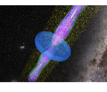 Image of a visualization of a young star, DG Tau. In the center of a dark grey-black space speckled with white and purple stars, DG Tau appears as a blue tilted disk pierced by a purple stream. The stream narrows towards the center, representing jets that blast away from the magnetic poles.

