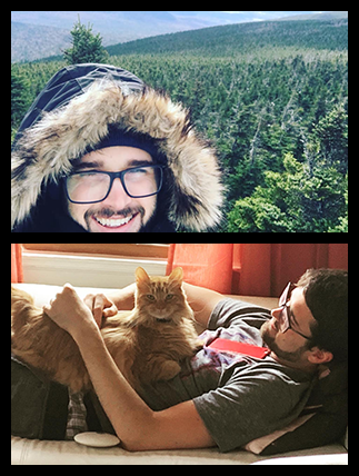 Image of Carter outdoors and an image of Carter with his orange cat.