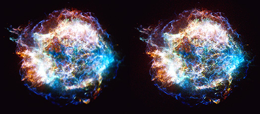 Two X-ray images of Cassiopeia A side by side. The image on the right is sharper than the image on the left.