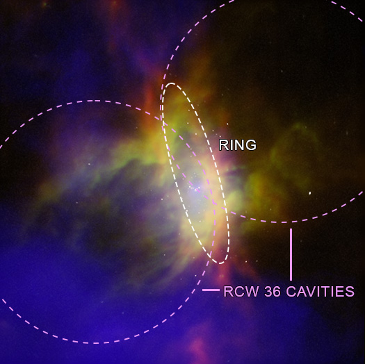 Labeled, X-ray and Infrared Image of RCW 36