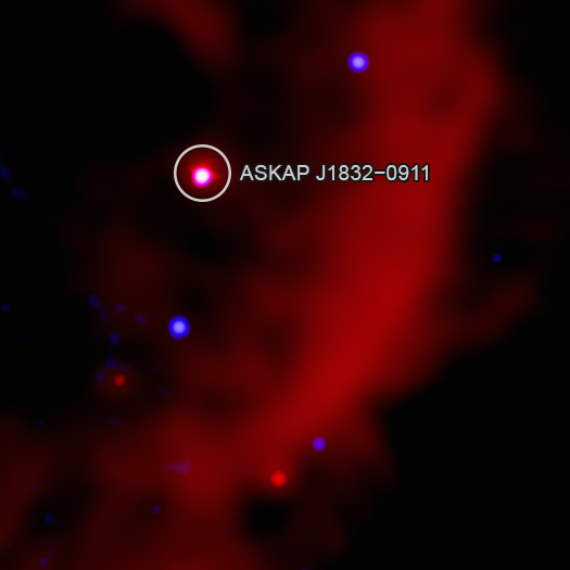 A close-up image of ASKAP J1832 and the surrounding region. The object is circled and labeled.