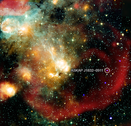A wide field image of ASKAP J1832 and the surrounding region. The object is circled and labeled.